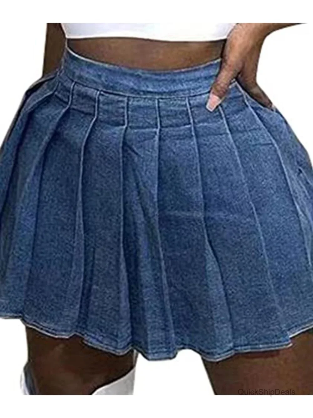 Pleated Denim Mini Skirt High Waist A-Line